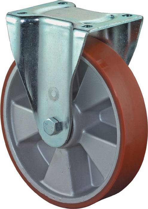 Ein Metallrollenrad mit einem roten Gummireifen, in einem Metallrahmen montiert, typischerweise zum Bewegen von Wagen oder Möbeln verwendet.