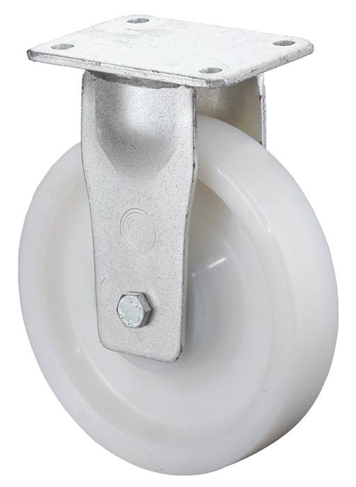 Ein weißes Schwenkkasterrad mit Metallrahmen und Befestigungswinkel, geeignet für Möbel oder Ausrüstung für einfache Beweglichkeit.