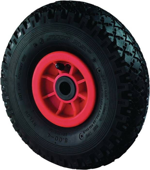 Ein schwarzes und rotes Rad, das für Transportwagen entwickelt wurde. Der Gummireifen verfügt über eine strukturierte Oberfläche für besseren Grip, und die rote Radnabe verstärkt die Radzusammenstellung.