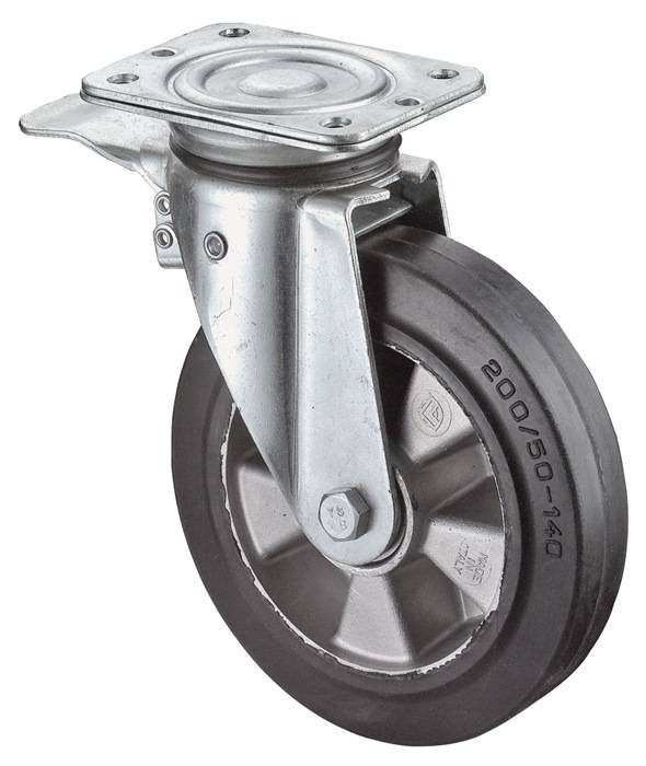 Ein Metallschwenkkaster mit einem schwarzen Gummireifen. Der Reifen trägt die Prägung '200/50-140' an der Seite. Wird für die Mobilität von Möbeln oder Ausrüstung verwendet.