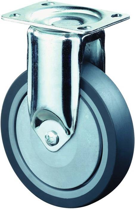 Ein Metalllenkrad mit einem glänzenden Metallhalterung und einem grauen Gummireifen, entwickelt für einfache Bewegung von Möbeln oder Ausrüstung.