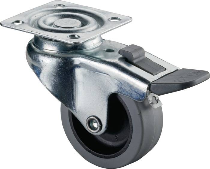 Ein Metallschwenkrädchen mit einer Feststellvorrichtung, geeignet für Anwendungen, die Mobilität und Stabilität auf verschiedenen Oberflächen erfordern.