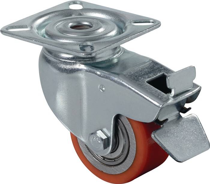 Ein Lenkrolle mit metallischem Rahmen und orangefarbenem Gummirad, ausgestattet mit einer Befestigungsplatte und einem integrierten Bremsmechanismus.