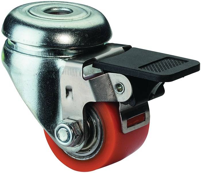 Ein Lenkrolle mit rotem Rad und Metallgehäuse, ausgestattet mit einem Bremsmechanismus, geeignet für die Mobilität von Möbeln oder Ausrüstung.