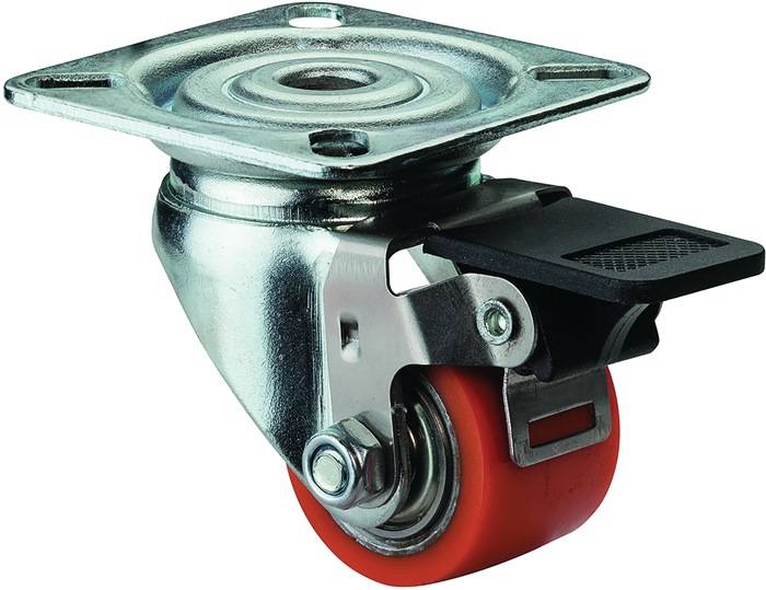 Ein Möbel- oder Geräte-Lenkrollen aus Metall mit einem roten Gummireifen und Metallbefestigungsplatte, verwendet für die Mobilität von Möbeln oder Ausrüstung.