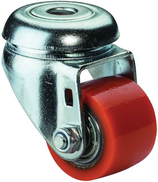 Ein einzelnes Metallschwenkrad mit einem leuchtend roten Rad wird gezeigt, das typischerweise für die Mobilität auf Wagen und Möbeln verwendet wird.