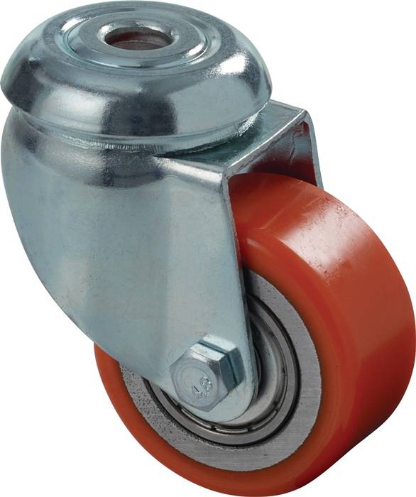 Ein Metallschwenkkastenrad mit einem roten Gummireifen, geeignet für die Mobilität von Möbeln oder Ausrüstung, das das Rad und die Befestigungshalterung zeigt.