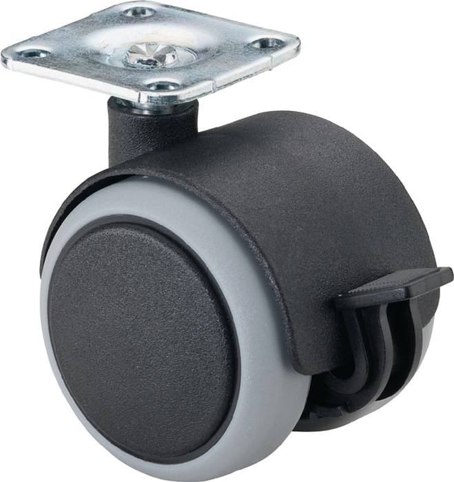 Kunststoffdoppelrolle m.Festst.D.50mm Trgf.50kg m.Platte m.Festst.