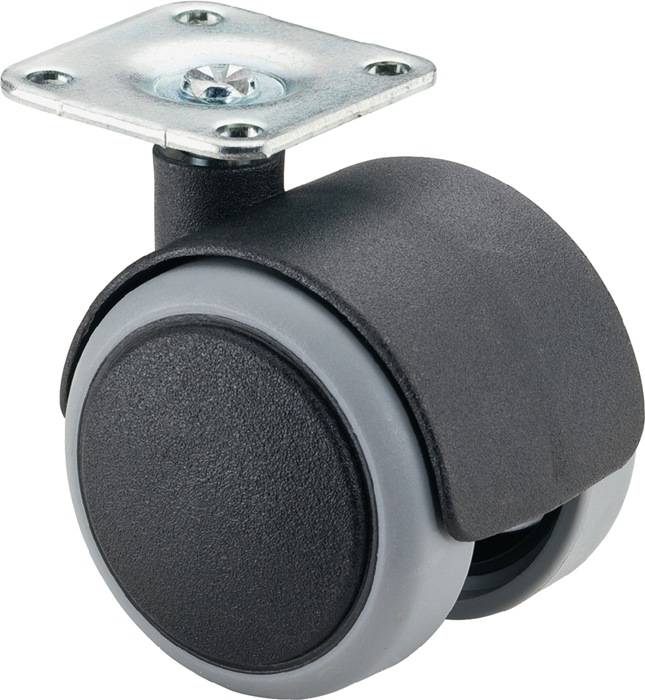 Ein einzelnes schwarzes und graues Schwenkrollenlager mit einer Metallmontageplattte und sichtbarer Schraube.