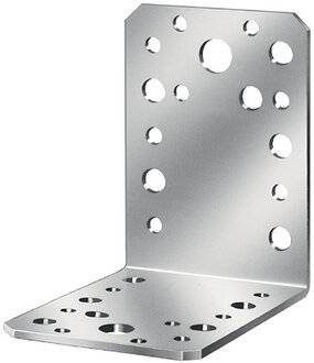 Silberfarbenes Metall-L-Winkel mit mehreren kreisförmigen Befestigungslöchern, in Perspektive auf weißem Hintergrund dargestellt.