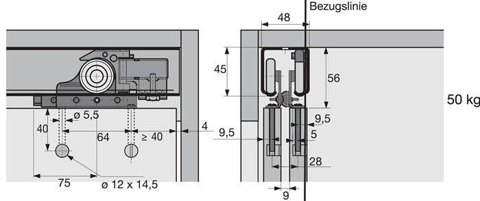 Schiebetürbeschlag Top Line 1 3-türig Komplett-Set 75kg DIN L/R Hettich