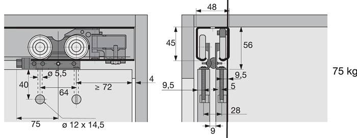 Schiebetürbeschlag Top Line 1 2-türig Komplett-Set 75kg DIN L/R Hettich