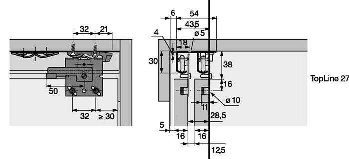 Schiebetürbeschlag Top Line 27 2-türig Komplett-Set 25kg DIN L/R Hettich
