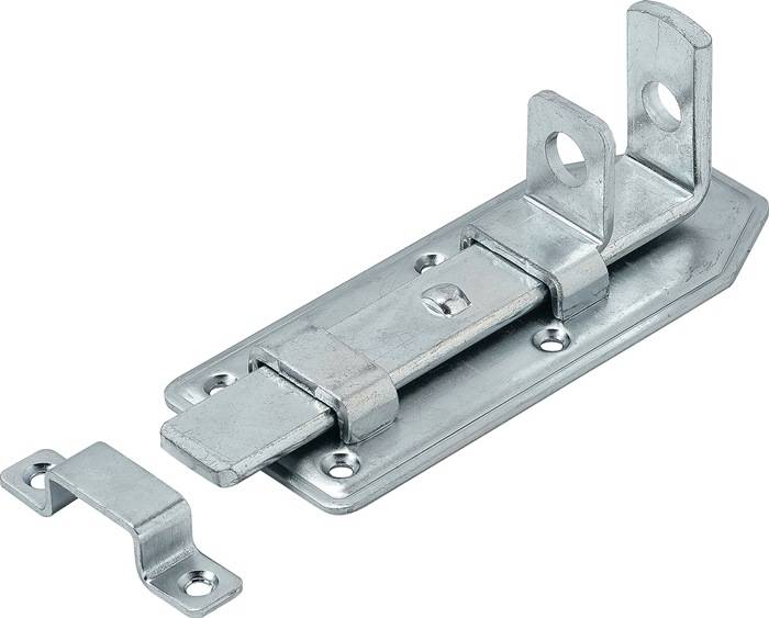Metallischer Schieberiegel mit Schnapper und Befestigungslöchern, verwendet zum Sichern von Türen oder Toren.