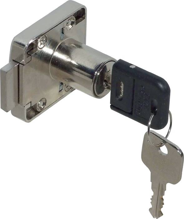 Ein Metallschloss mit einem eingesetzten Schlüssel und einem schwarzen Kunststoffgriff, der den Verschlussmechanismus in geöffneter Position zeigt.