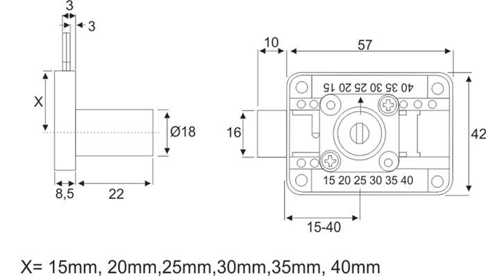 Eine technische Zeichnung einer mechanischen Komponente mit beschrifteten Abmessungen: 57 mm x 40 mm. Messungen umfassen Durchmesser und Abstandsdetails.