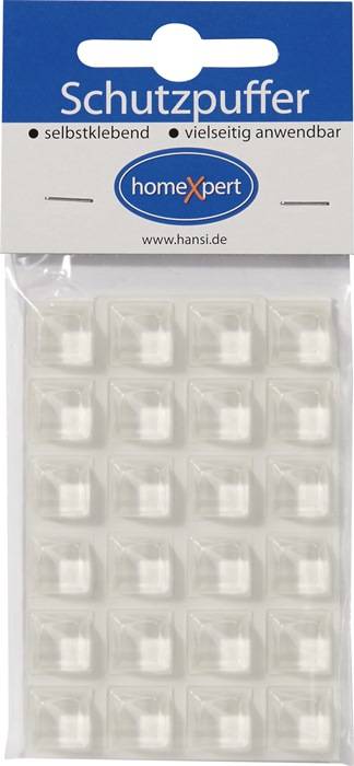 Eine Packung mit sechzehn transparenten Selbstklebepuffern, in einem 4x4-Raster angeordnet, zum Schutz von Oberflächen vor Kratzern.