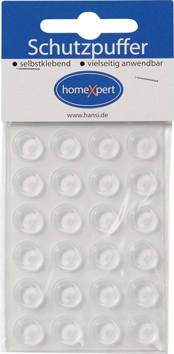 Ein Set von 16 transparenten Türpuffern, in vier Reihen angeordnet. Die Verpackung zeigt die Marke 'hansi.de' oben auf.