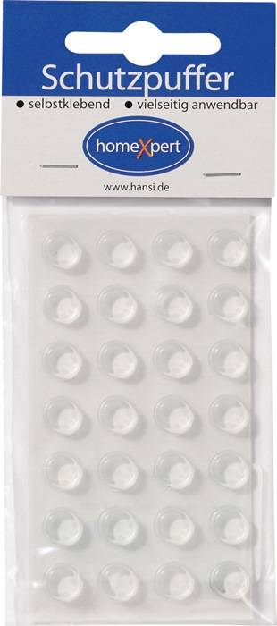 Eine Blasenpackung mit sechzehn transparenten Klebehaken-Pads, die zum Schutz vor Kratzern oder zur Befestigung von Oberflächen verwendet werden, mit einer Website-URL oben auf der Verpackung.