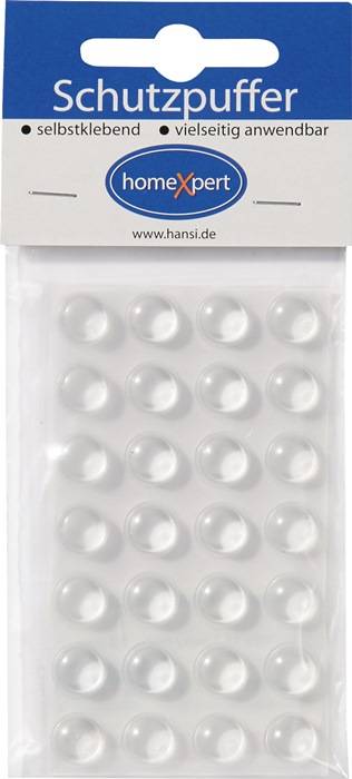 Ein Blatt mit selbstklebenden transparenten runden Stoßdämpfern, in einem 4x4-Raster angeordnet, das Oberflächen vor Kratzern und Beschädigungen schützt.