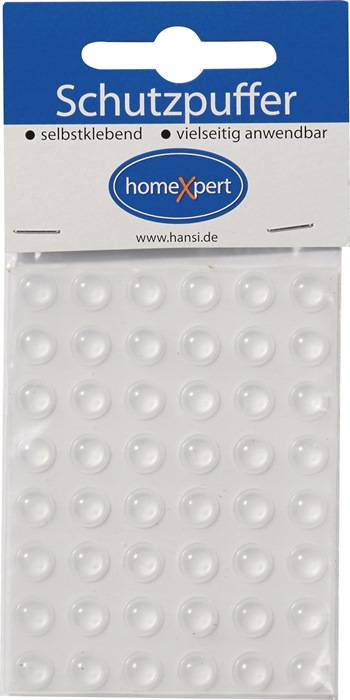 Ein Paket mit Möbelschutzpads mit einem 'homeXpert'-Etikett, das durchsichtige, runde Selbstklebepads zum Schutz von Oberflächen vor Kratzern enthält.