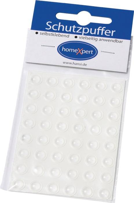Ein Paket mit selbstklebenden Gummipads der Marke 'homeXpert', ausgestattet mit einem Raster aus kreisförmigen, transparenten Pads und deutscher Beschriftung, die Vielseitigkeit signalisiert.