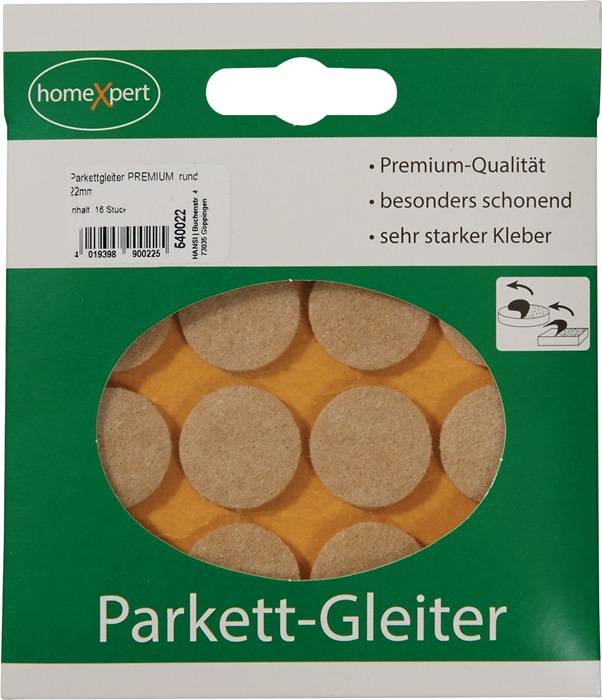 homeXpert Parkett-Gleiter' Packung mit Filzgleiter für Möbel. Wirbt mit 'Premium-Qualität', 'besonders schonend', 'sehr starker Kleber'. Enthält 18 Stück, jeweils 22mm.