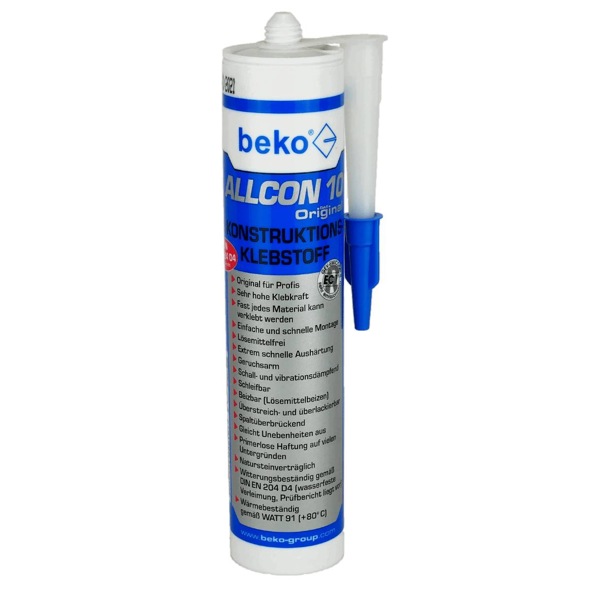 Tube des Beko ALLCON 10 Original Konstruktionsklebers mit weißer Düse auf schwarzem Hintergrund.