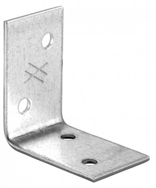 Eine Metallwinkelstütze mit vier Löchern, geeignet zum Befestigen oder Verbinden von Materialien im rechten Winkel.