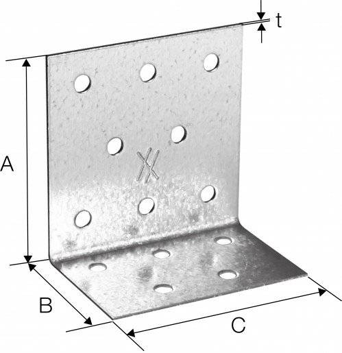 Metallhalterung mit den Abmessungen A, B und C und Dicke t. Mit mehreren Befestigungslöchern versehen.