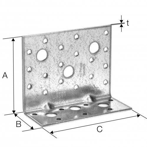 Ein L-förmiges Metallwinkelblech mit mehreren Bohrungen, gekennzeichnet mit den Abmessungen: 'A', 'B', 'C' und Stärke 't'. Wird für strukturelle Verstärkung verwendet.