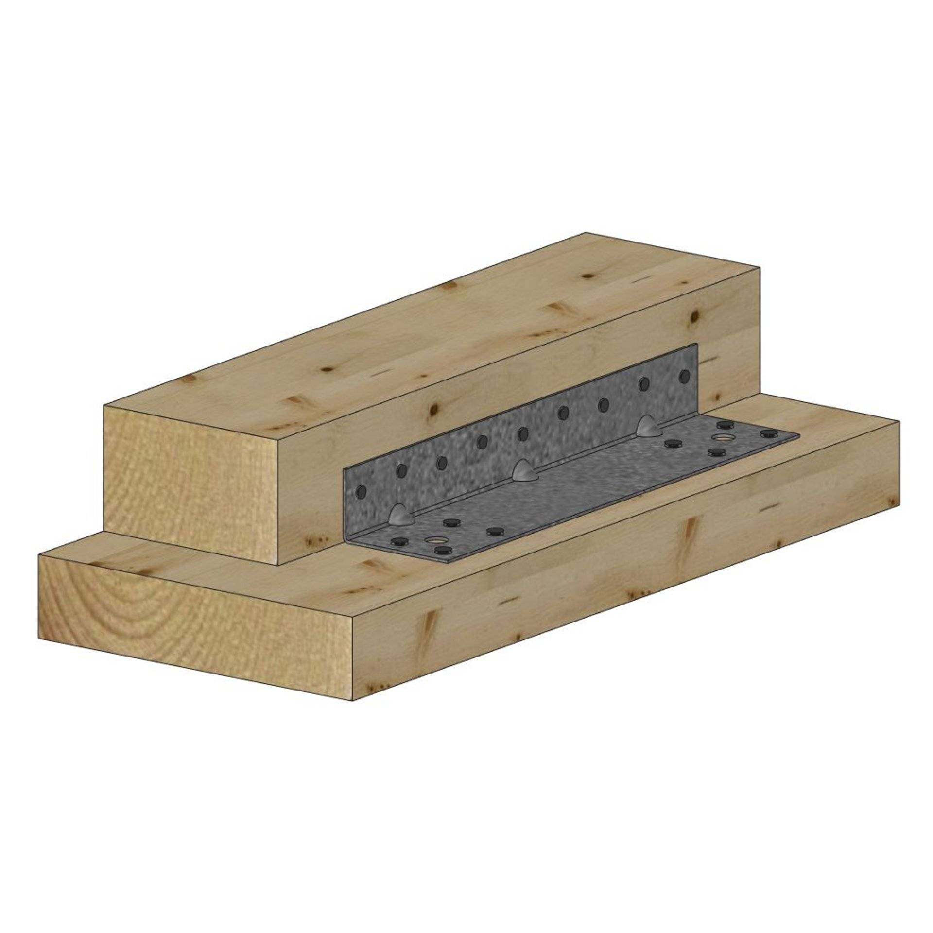 Gerendertes Bild einer Zapfenverbindung, das zwei sich kreuzende Holzbalken zeigt, die mit einer Metallhalterung und Schrauben gesichert sind.