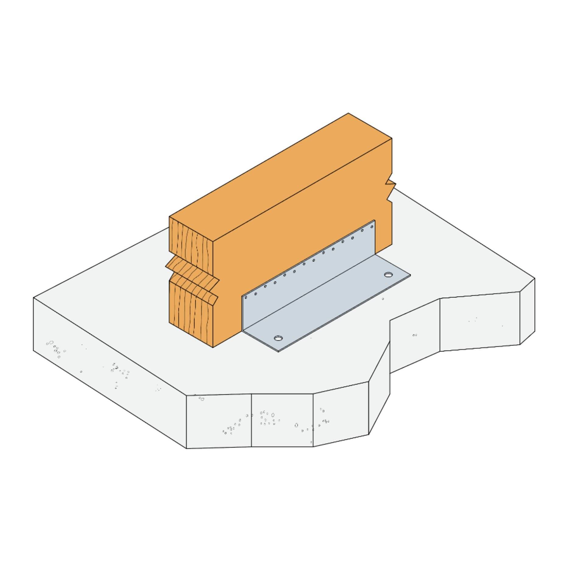 Illustration eines Holzbalkens, der mit einer Betonplatte durch eine Metallklammer verbunden ist, die eine sichere Befestigung im Bauwesen anzeigt.