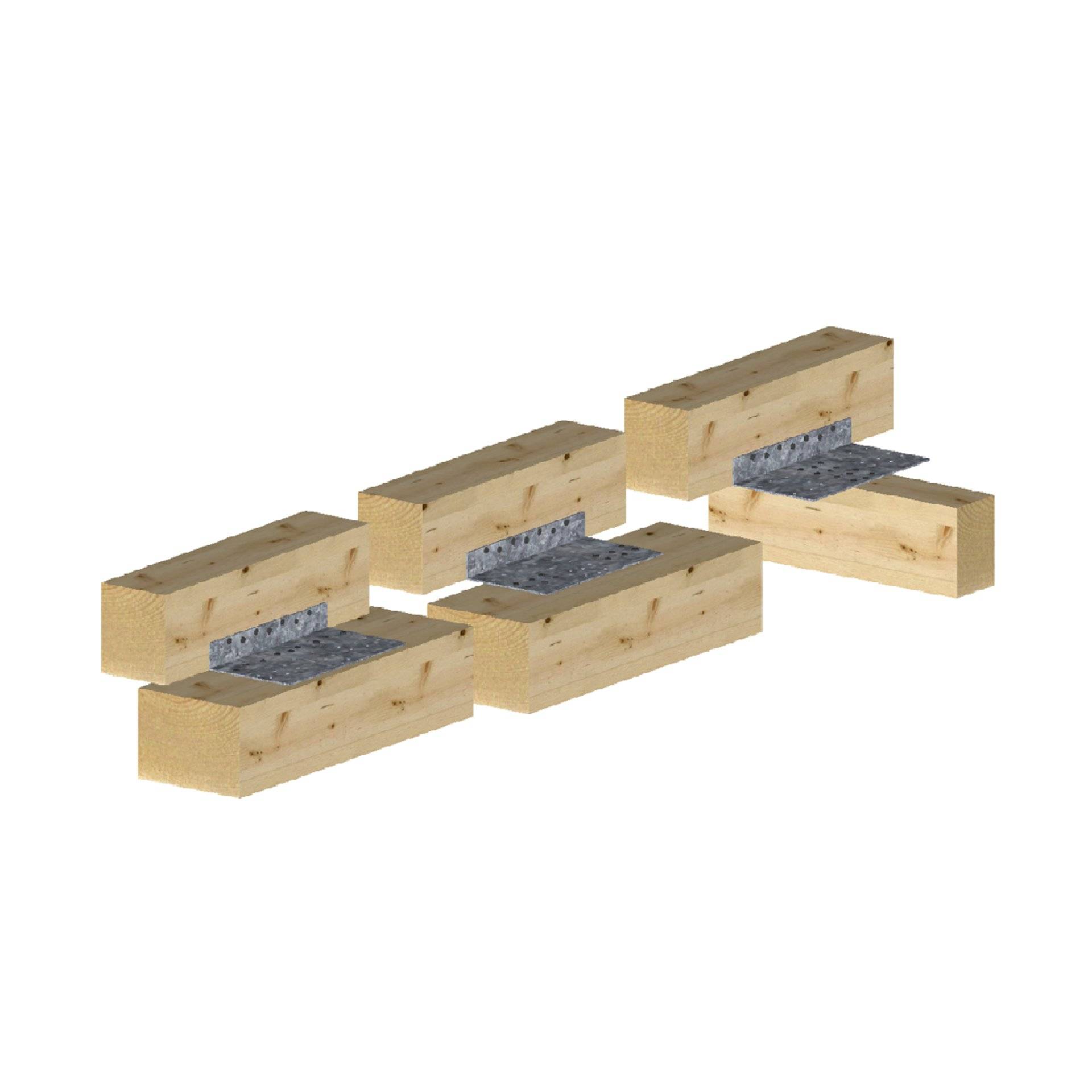 Holzverbindungsstruktur: Drei Sätze von ineinandergreifenden Holzbalken mit Metallplatten, die eine Konstruktionstechnik demonstrieren.