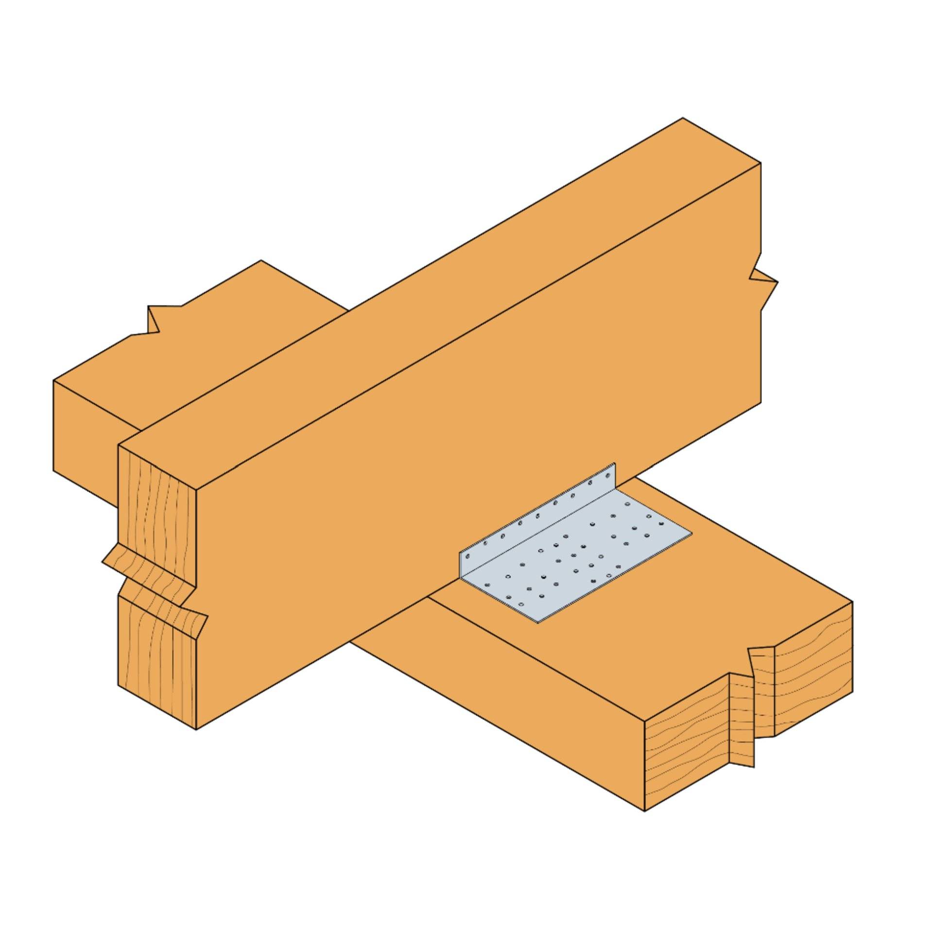 Diagramm zweier sich kreuzender Holzbalken, die mit einem Metallverbinder gesichert sind und eine Zapfen- und Mortise-Verbindungskonstruktionstechnik demonstrieren.