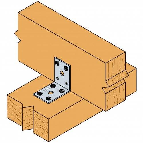 Holzverbindungsdiagramm, das zwei Holzteile zeigt, die mit einer Metallklammer verbunden sind, die mit acht Schrauben befestigt ist und eine Konstruktionstechnik veranschaulicht.