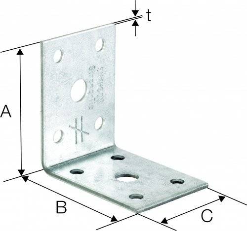 Winkeleisen mit beschrifteten Abmessungen: A, B, C und t. Vier Bohrungen auf jeder Seite zur Montage. Wird in Bau- oder DIY-Projekten verwendet.