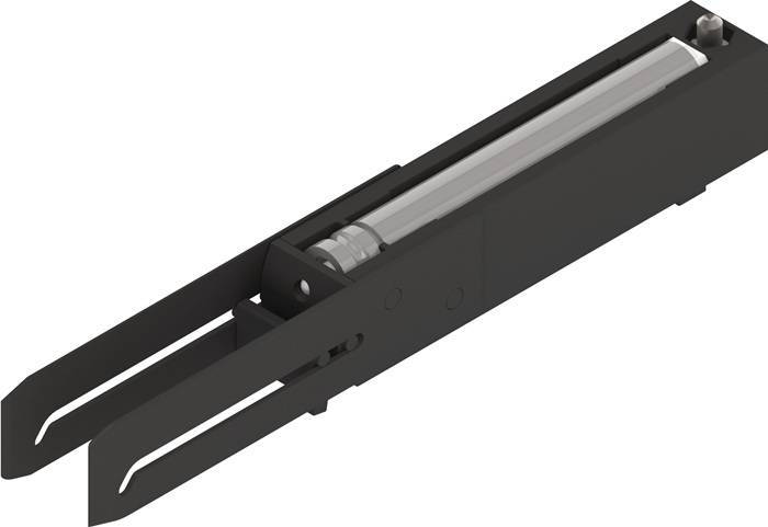 Eine Nahaufnahme eines mechanischen Schienensystems mit einem schwarzen Metallrahmen und einer darauf gleitenden Komponente, die sein Design und seine Struktur hervorhebt.