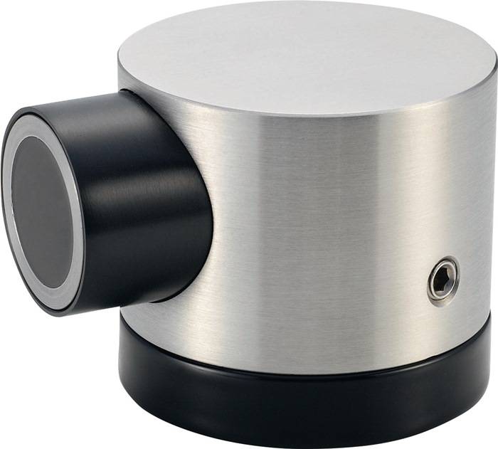 Ein zylindrischer silberner magnetischer Türhalter mit schwarzer Basis und seitlichem Zylinder, der dazu dient, Türen sicher offenzuhalten.