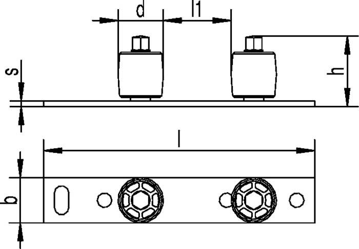 Technische Zeichnung eines Metallträgers mit zwei Schraubenköpfen. Die Abmessungen sind mit d und l beschriftet. Sechseckige Muster befinden sich an der Seite.