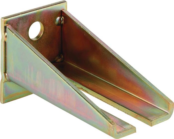 Eine Metallhalterung mit dreieckiger Form, die eine Bohrung an der oberen Kante aufweist und eine messingfarbene Oberfläche besitzt, die für strukturelle Unterstützung konzipiert ist.