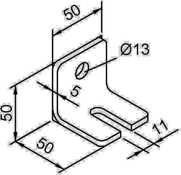 Technische Zeichnung einer L-förmigen Metallhalterung mit Abmessungen: 50 mm Höhe, 50 mm Breite, 5 mm Dicke, 13 mm Durchmesser Bohrung und 11 mm Abstand.