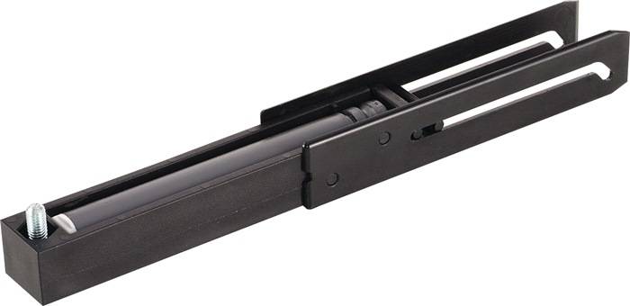 Eine Nahaufnahme einer schwarzen linearen Schiegeschiene, die für Schränke oder Möbel verwendet wird und zeigt die Metallschiene und den Rollenmechanismus für eine reibungslose Bewegung.