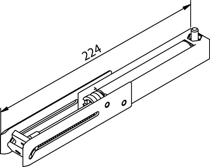 Eine Skizze einer Schubladenschiene mit einem linearen Rollenmechanismus und einer notierten Länge von 224 mm.
