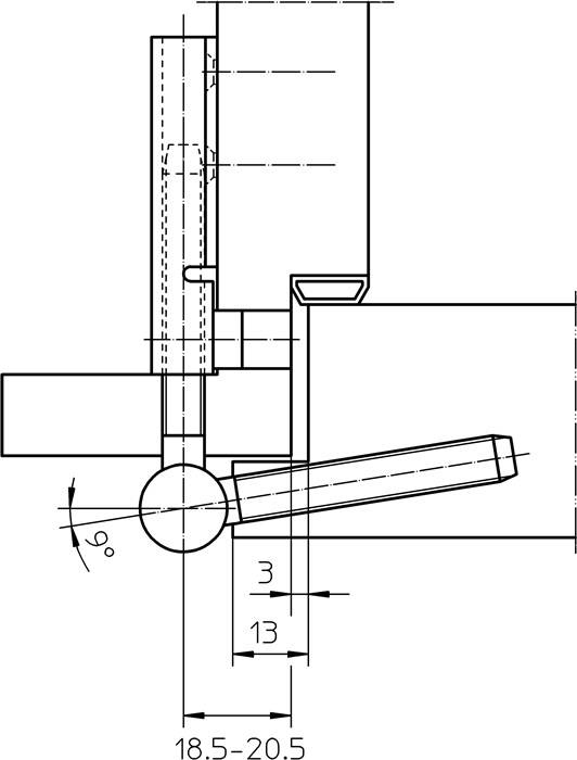 Technische Zeichnung einer Hebelmechanik mit einem 9-Grad-Winkel. Abmessungen umfassen 3 mm und 13 mm Beschriftungen an den Komponenten.