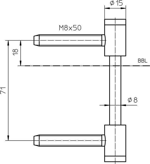 Eine technische Zeichnung einer Metallstangenmontageanordnung mit Abmessungen. Gesamtlänge beträgt 71 Einheiten, Breite der Stange ist 8 Einheiten, mit Segmenten gekennzeichnet als M8x50 und BBL.
