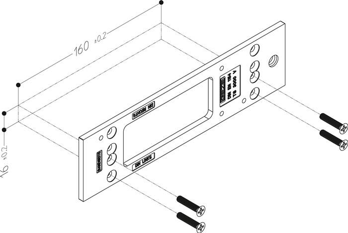 Technische Zeichnung einer Metallplatte mit einem rechteckigen Ausschnitt, beschriftete Abmessungen '160 ± 0,2'. Angedeutete Schlitze und zwei Schrauben.
