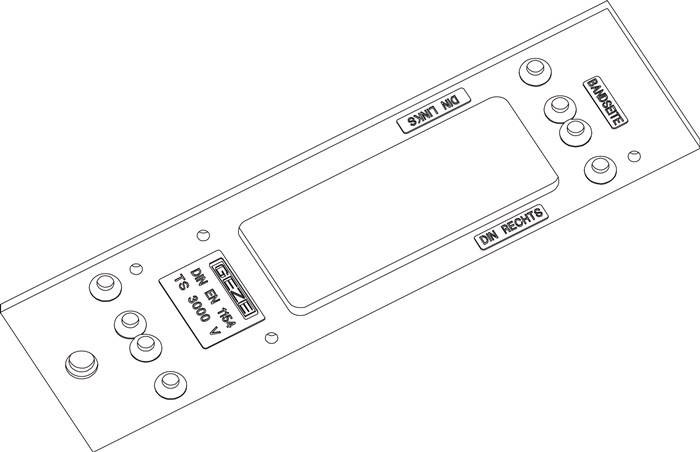 Eine mechanische Platte mit Beschriftungen 'DIN LINKS' und 'DIN RECHTS', einem zentralen rechteckigen Schlitz und mehreren kreisförmigen Löchern, möglicherweise zur Türausrichtung.