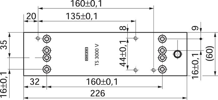 TS 3000 V' Beschriftungsdiagramm mit Abmessungen: Gesamtlänge 226 mm, Breite 160±0,1 mm, mittlerer Abschnitt 44±0,1 mm, oberer Abschnitt 8 mm.