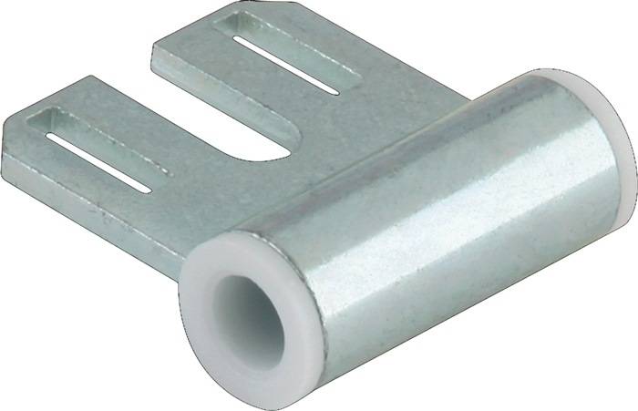 Eine Metallhalterung mit einer zylindrischen Verlängerung, die ein U-förmiges Design und eine kreisrunde Öffnung aufweist, die zum Montieren oder Befestigen von Objekten verwendet wird.